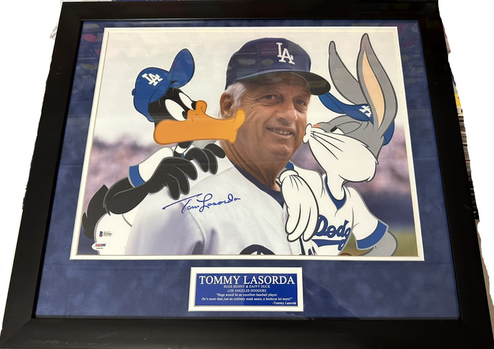 Framed Tommy Lasorda Autographed 16x20 Photo W/ Bugs Bunny & Daffy Duck PSA