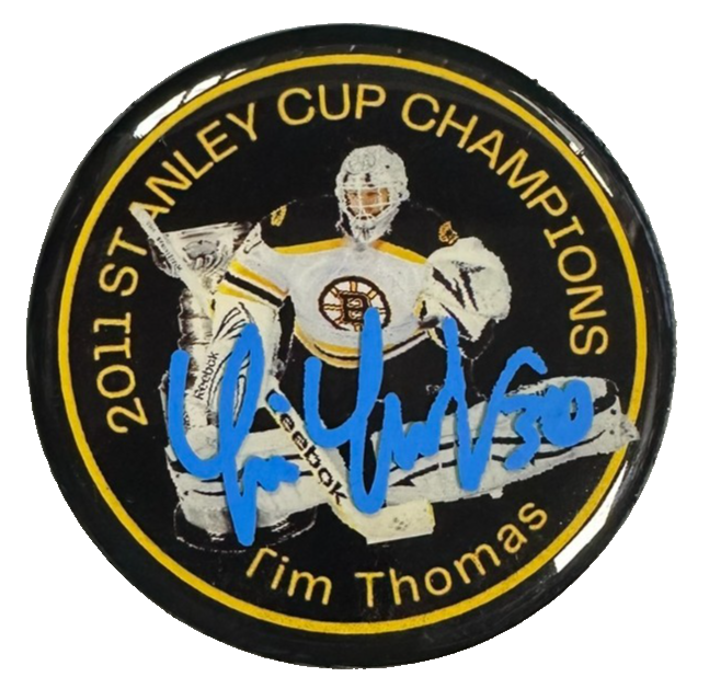 Tim Thomas Autographed 2011 Stanley Cup Champions Photo Puck Bruins JSA