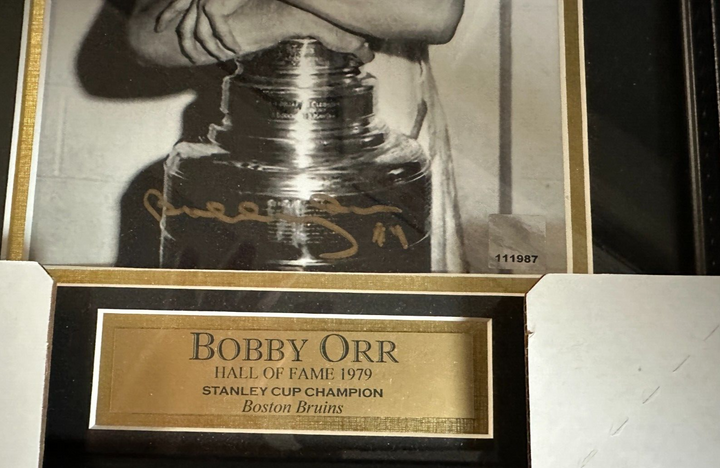 Bobbr Orr Hugging the Stanley Cup Autographed 8x10 Framed Photo GNR COA Bruins