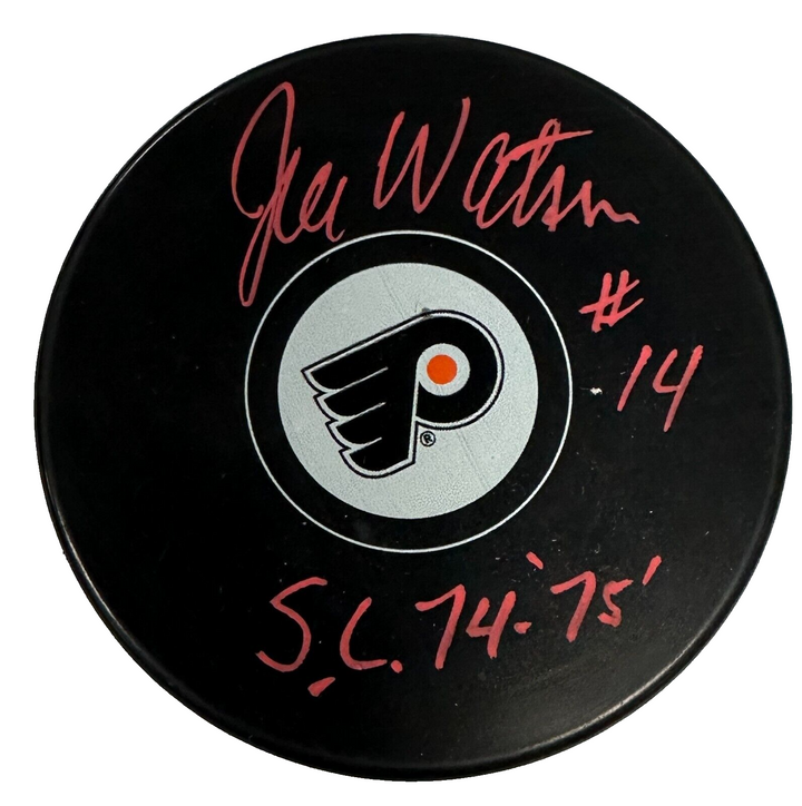 Joe Watson Autographed Philadelphia Flyers Hockey Puck W/ SC 74-75 Insc