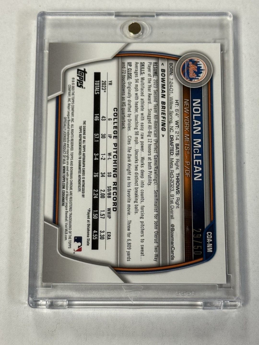 2023 Bowman Chrome Nolan McLean Gold Auto /50 First Autograph Mets USA