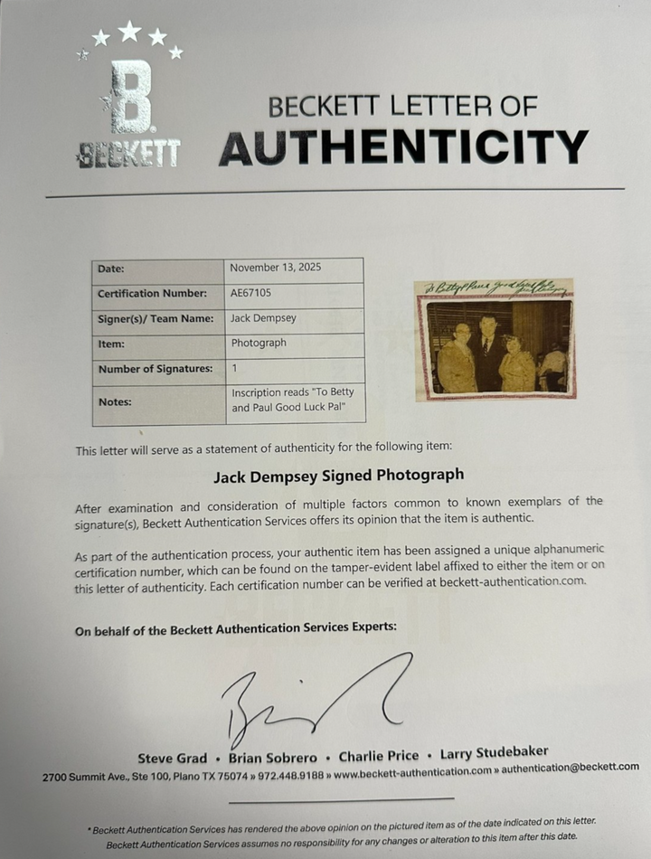 Jack Dempsey Autographed 1954 Broadway Bar & Cocktail Lounge Photo BAS