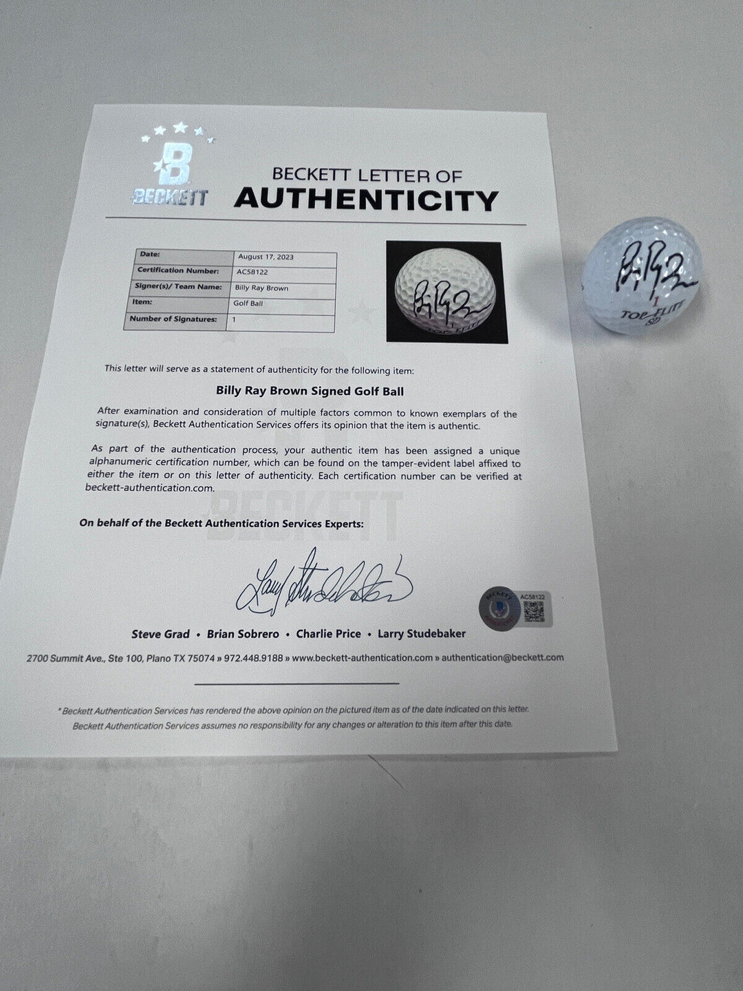 Billy Ray Brown Autographed Signed Golf Ball PGA W/Cube Beckett LOA