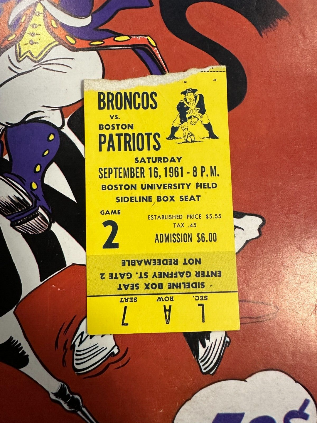 Sept 16, 1961 Boston Patriots & Denver Broncos Program & Ticket Stub AFL