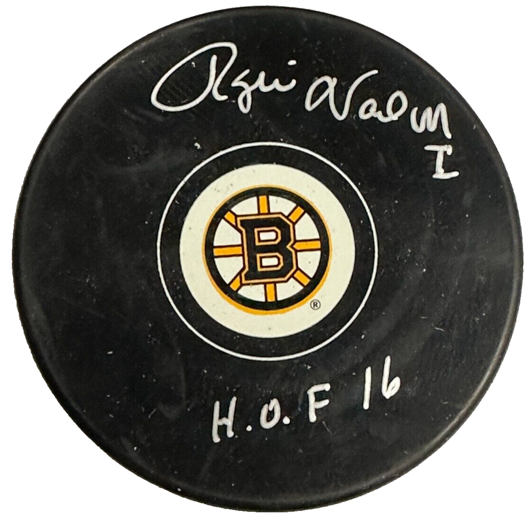 Rogie Vachon Autographed Boston Bruins Hockey Puck W/ HOF 16 BAS