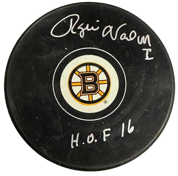 Rogie Vachon Autographed Boston Bruins Hockey Puck W/ HOF 16 BAS