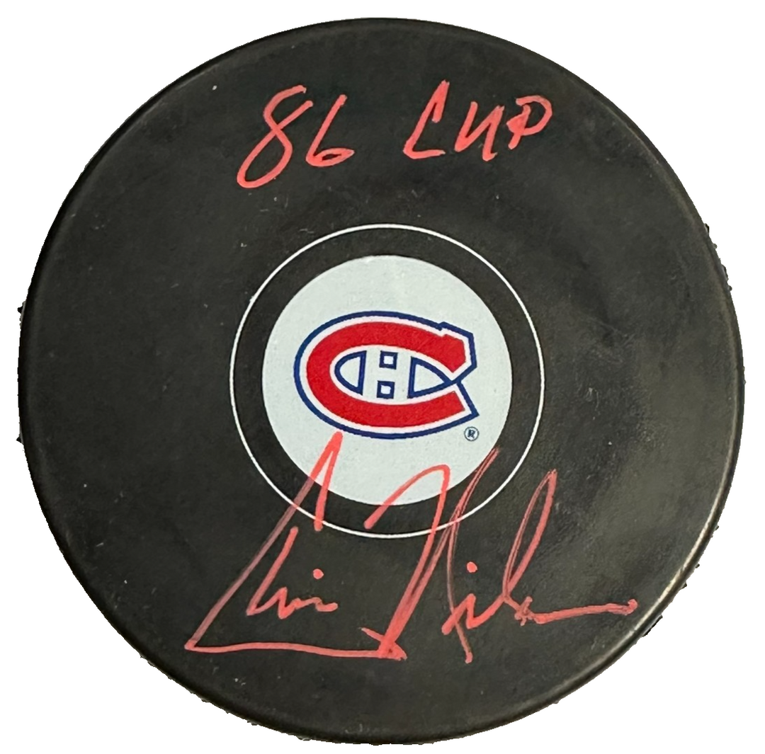 Chris Nilan Autographed Montreal Canadiens Hockey Puck W/ 86 Cup Insc NHL