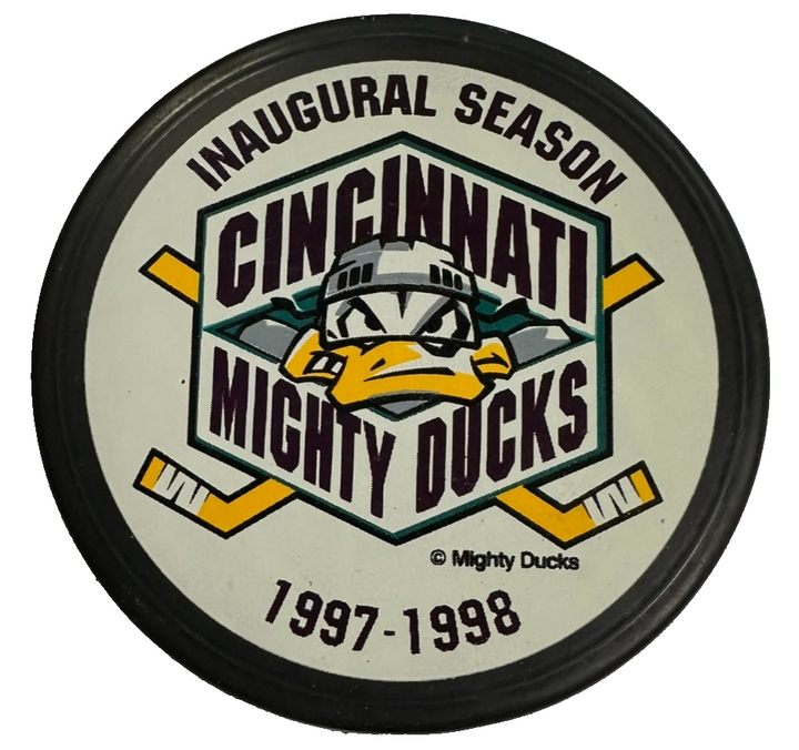 Vintage 1997-98 Cincinnati Mighty Ducks Inaugural Season Hockey Puck AHL