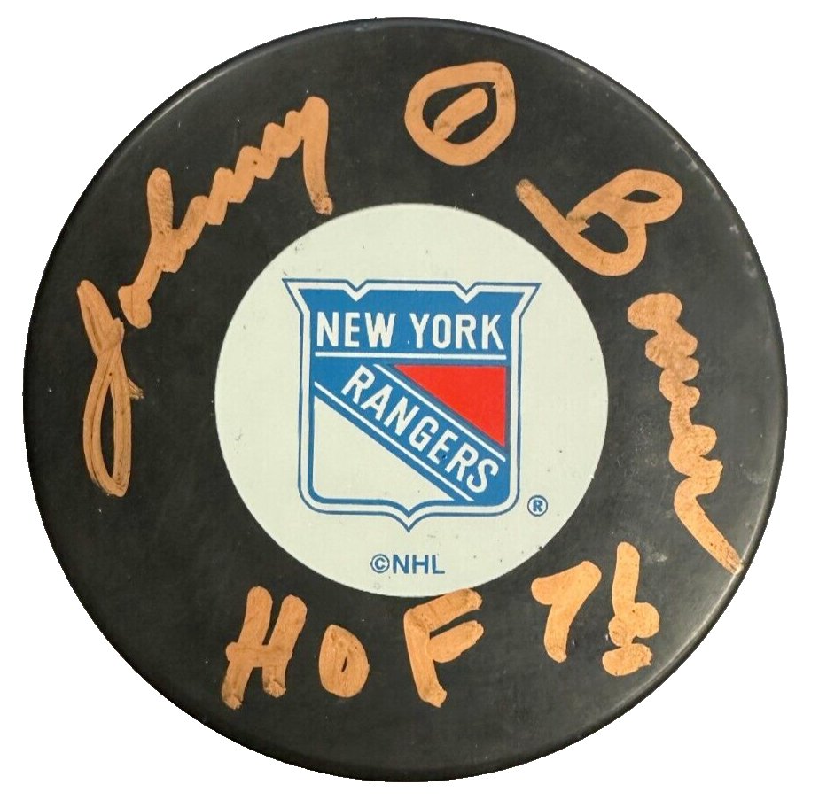 Johnny Bower Autographed New York Rangers Hockey Puck W/ HOF 76 JSA