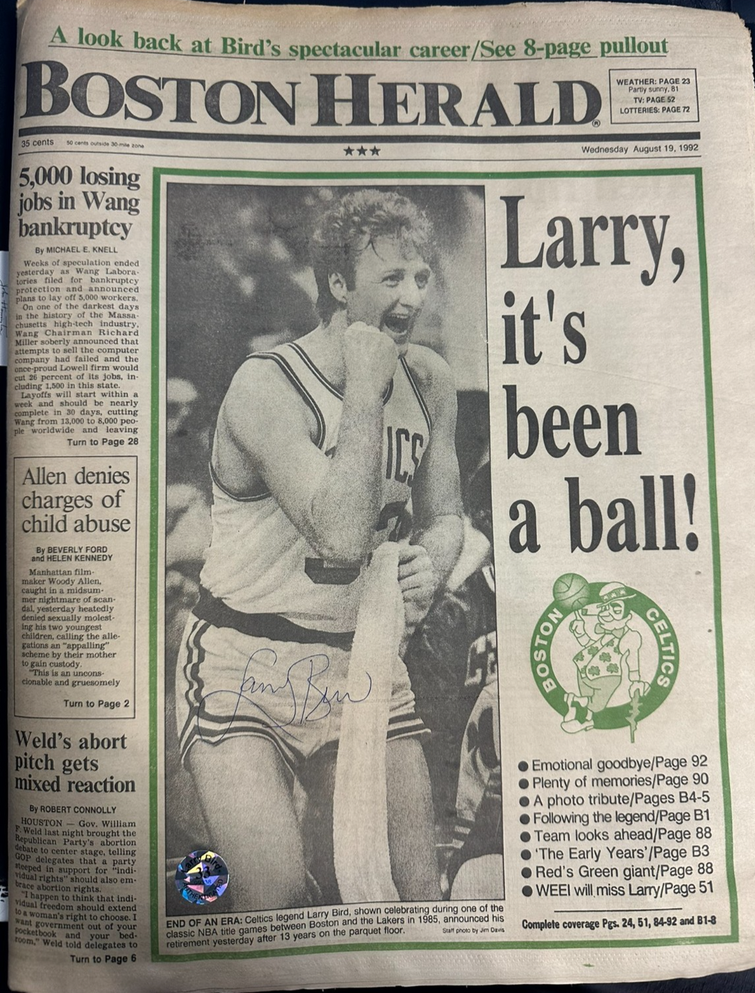 Larry Bird Autographed 8/19/1992 Issue of the Boston Herald Larry Retires