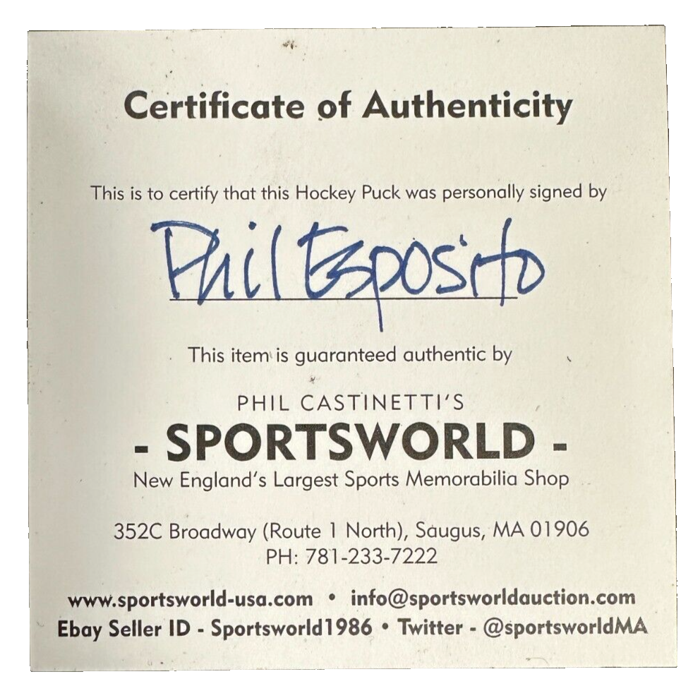 Phil Esposito Autographed Boston Bruins Photo Hockey Puck HOF