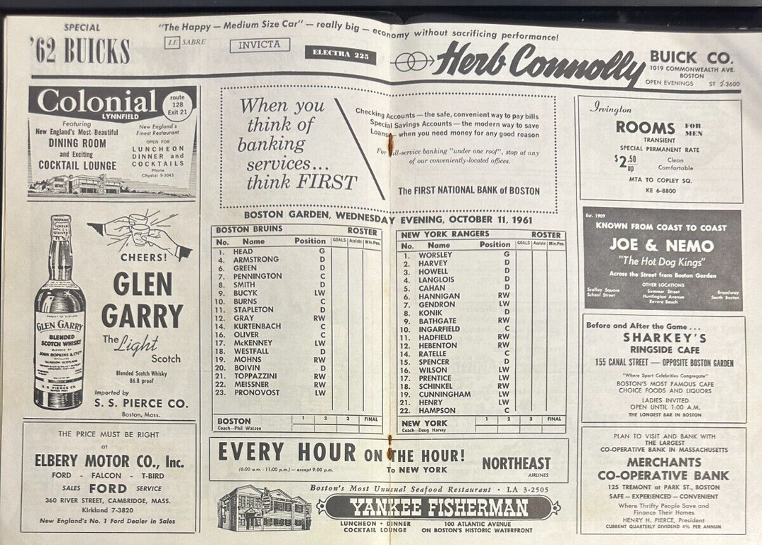 October 11, 1961 Bruins Vs Rangers Program Don Head Autographed Pro Debut