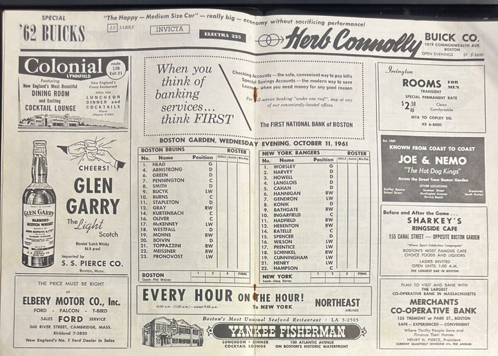October 11, 1961 Bruins Vs Rangers Program Don Head Autographed Pro Debut