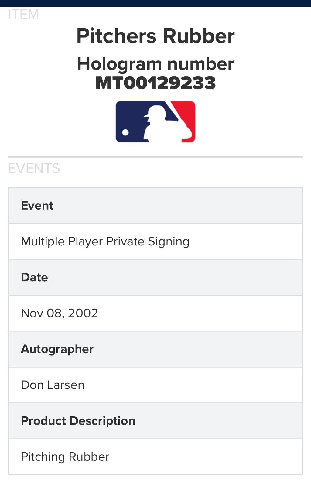 Don Larsen Signed Pitching Rubber MLB Authentic New York Yankees