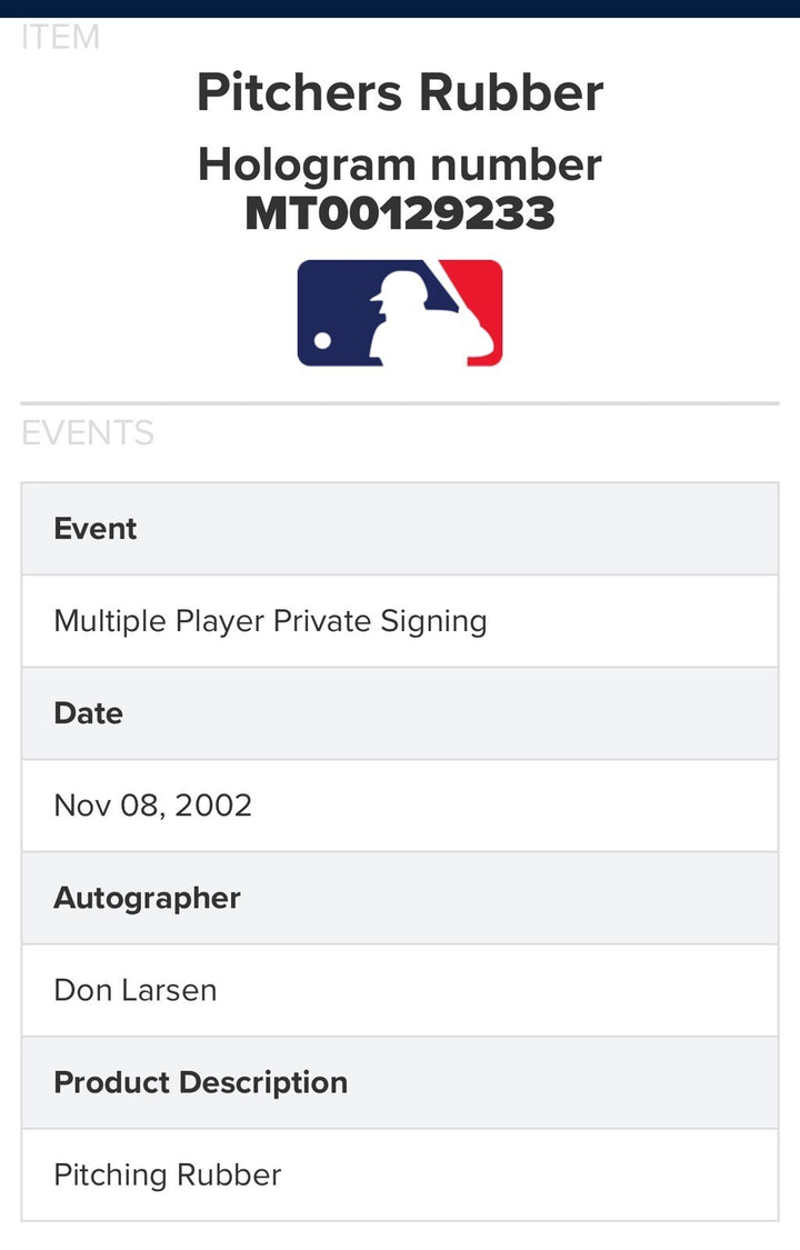 Don Larsen Signed Pitching Rubber MLB Authentic New York Yankees