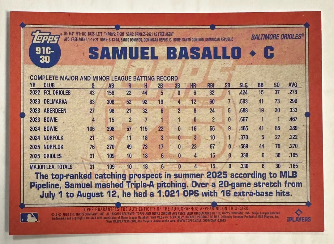 2026 Topps Series 1 Chrome Mojo Green Samuel Basallo Autographed RC /99 #91C-30