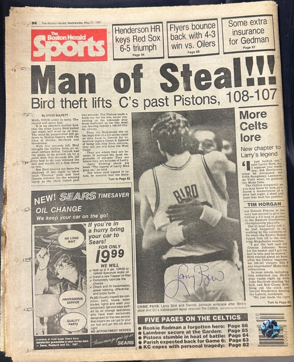 Larry Bird Autographed May 27, 1987 Boston Herald Bird Stole the Ball Bird Holo