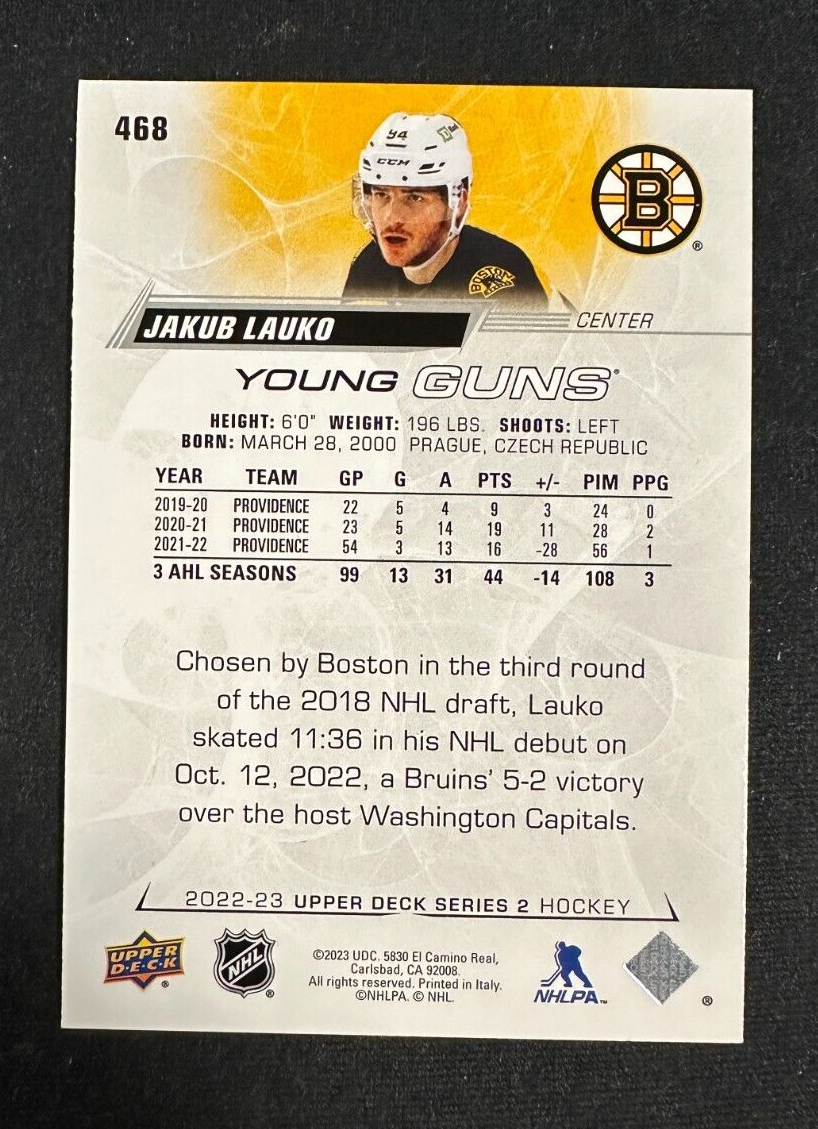 Jakub Lauko Autographed 2022-23 Upper Deck Young Guns Rookie Card #468