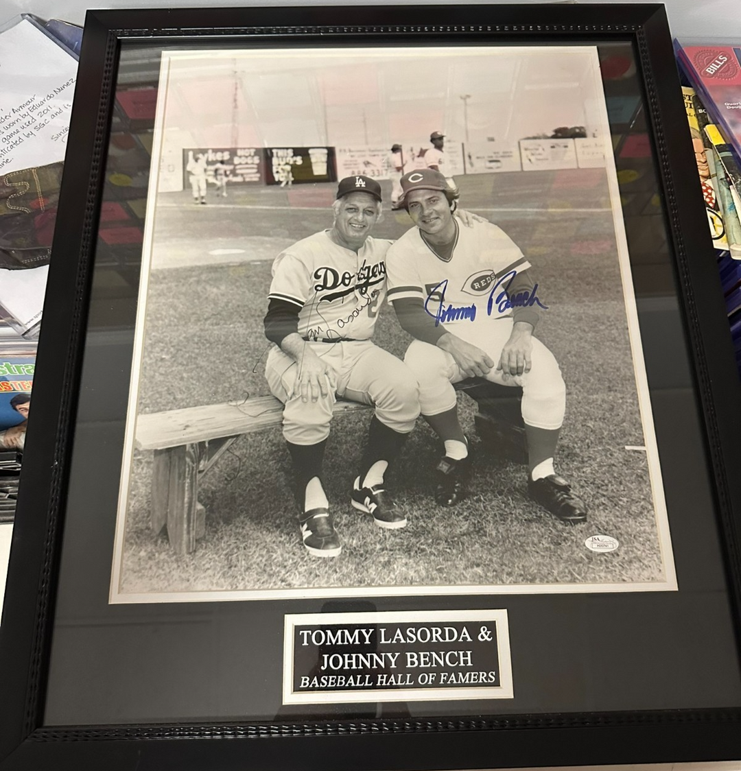 Framed Tommy Lasorda & Johnny Bench Autographed 16x20 Photo JSA HOF