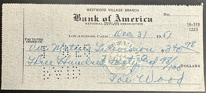 1951 Smoky Joe Wood Autographed Personal Check Boston Red Sox