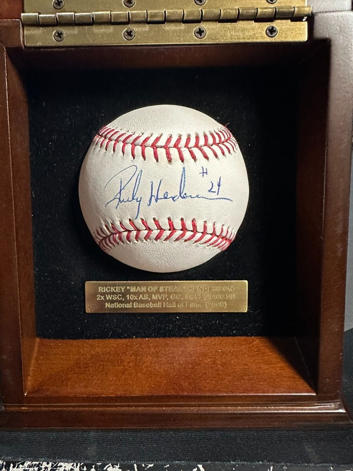 Rickey Henderson Autographed OML Baseball & Custom Wooden Display Case PSA