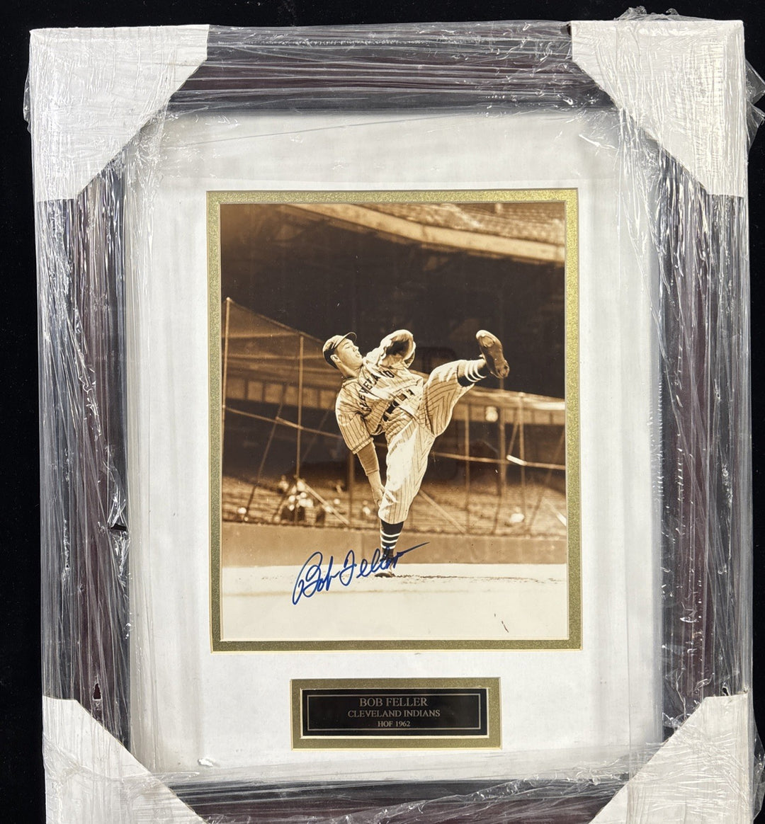 Bob Feller Cleveland Indians HOF 1962 Autographed Framed Picture 18x15 COA