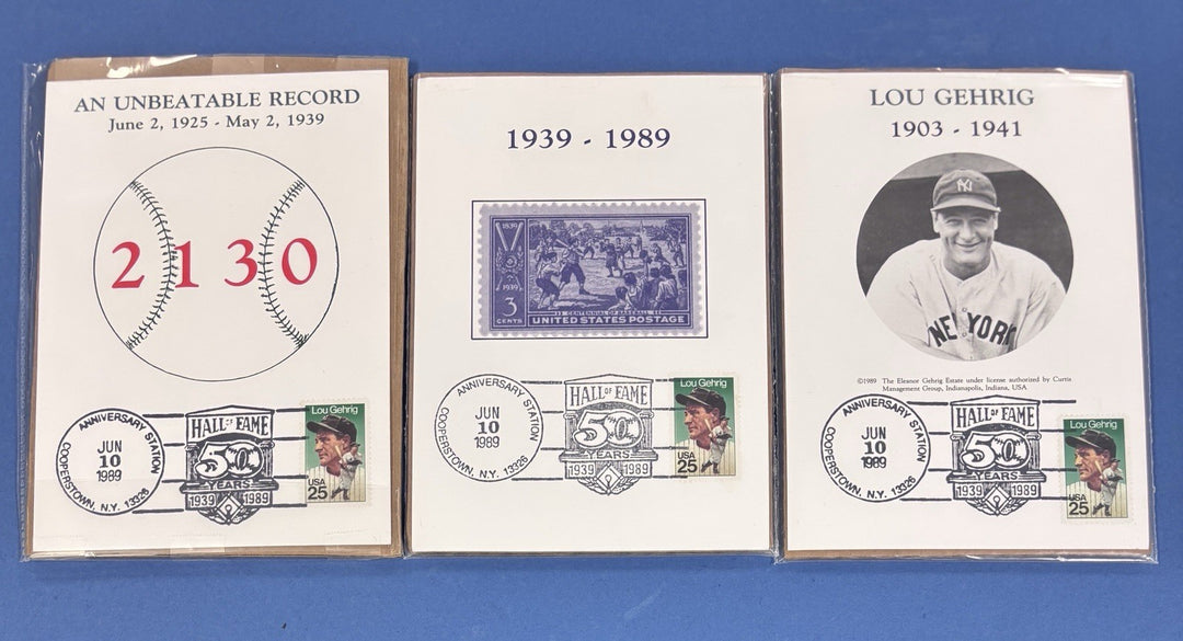Lou Gehrig First Day Issue of Stamp Lot Of 3 HOF Cooperstown Post Mark 6/10/89