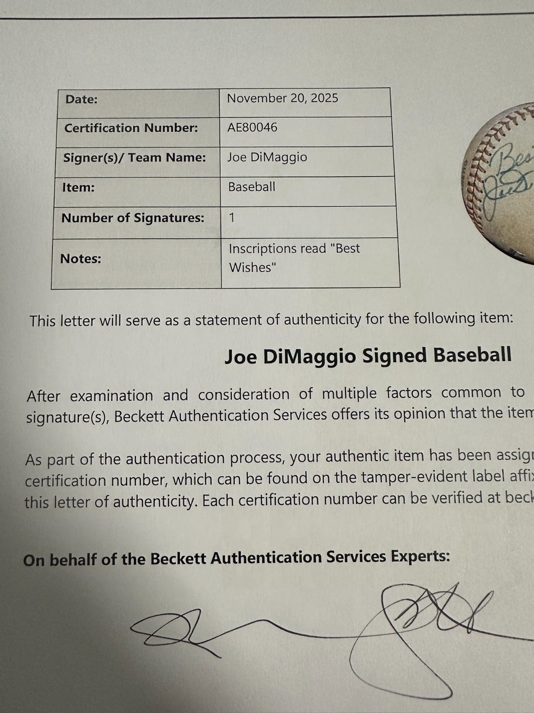 Joe DiMaggio Autographed Official American League Baseball BAS Yankees HOF