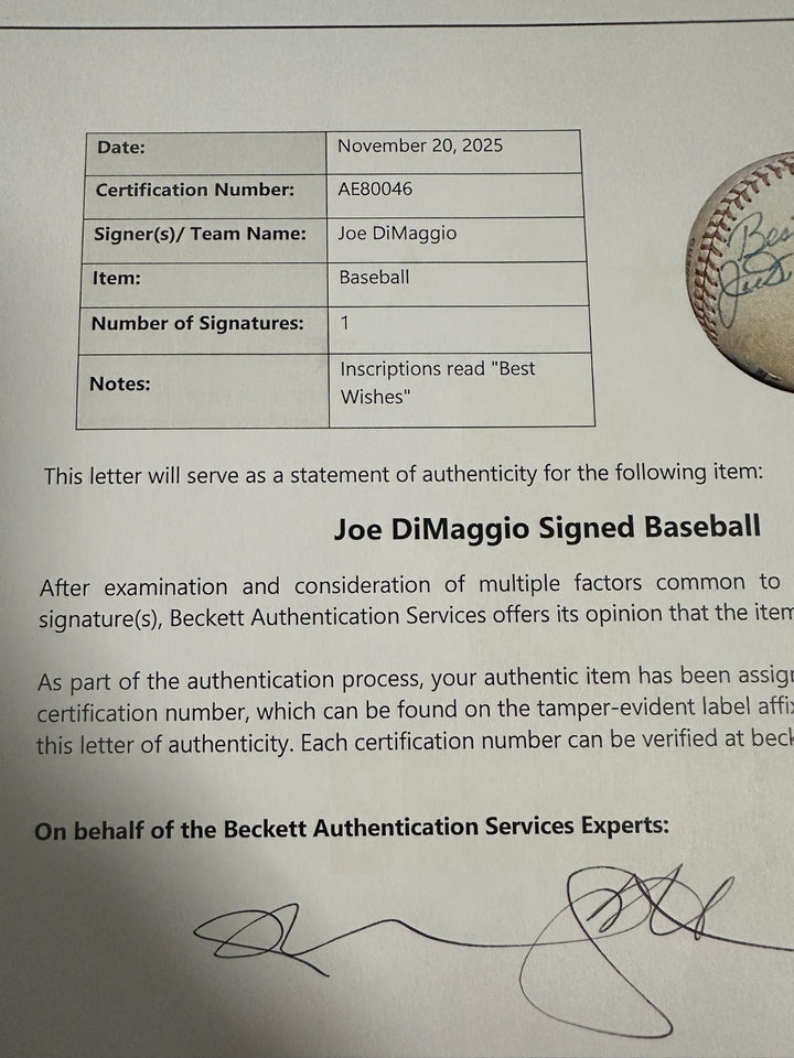 Joe DiMaggio Autographed Official American League Baseball BAS Yankees HOF