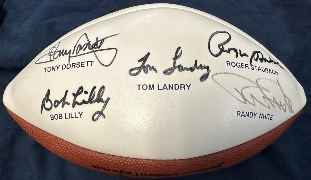 Dallas Cowboys Legends Signed Football Staubach Landy Lilly Dorsett White BAS