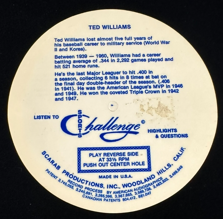 1977 Sports Challenge Record 33 1/3 RPM Ted Williams Last Time at Bat in Boston