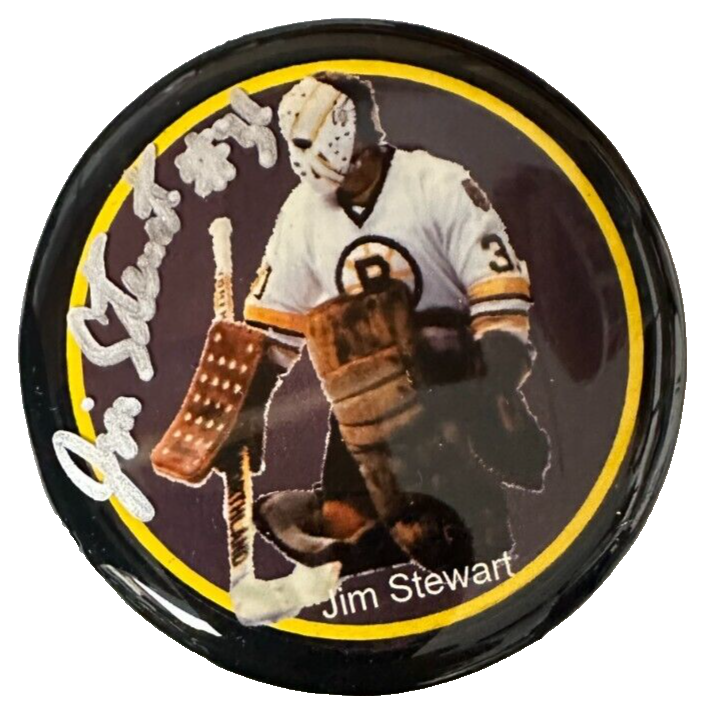 Jim Stewart Autographed Boston Bruins Photo Puck BAS NHL