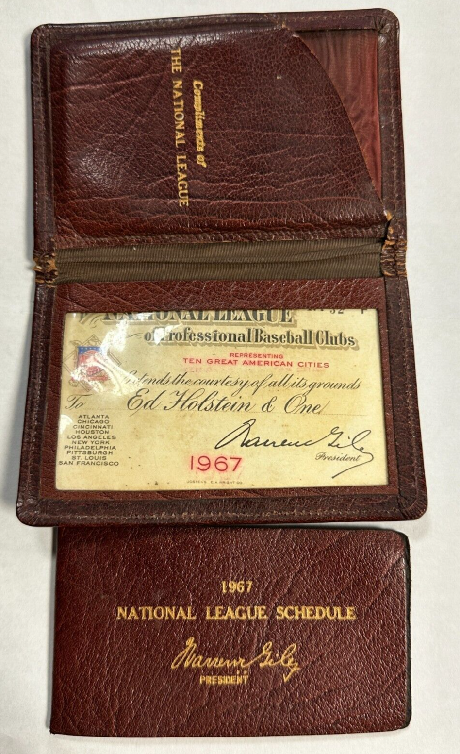 1967 Official National League Season Pass, Schedule & Case Warren Giles