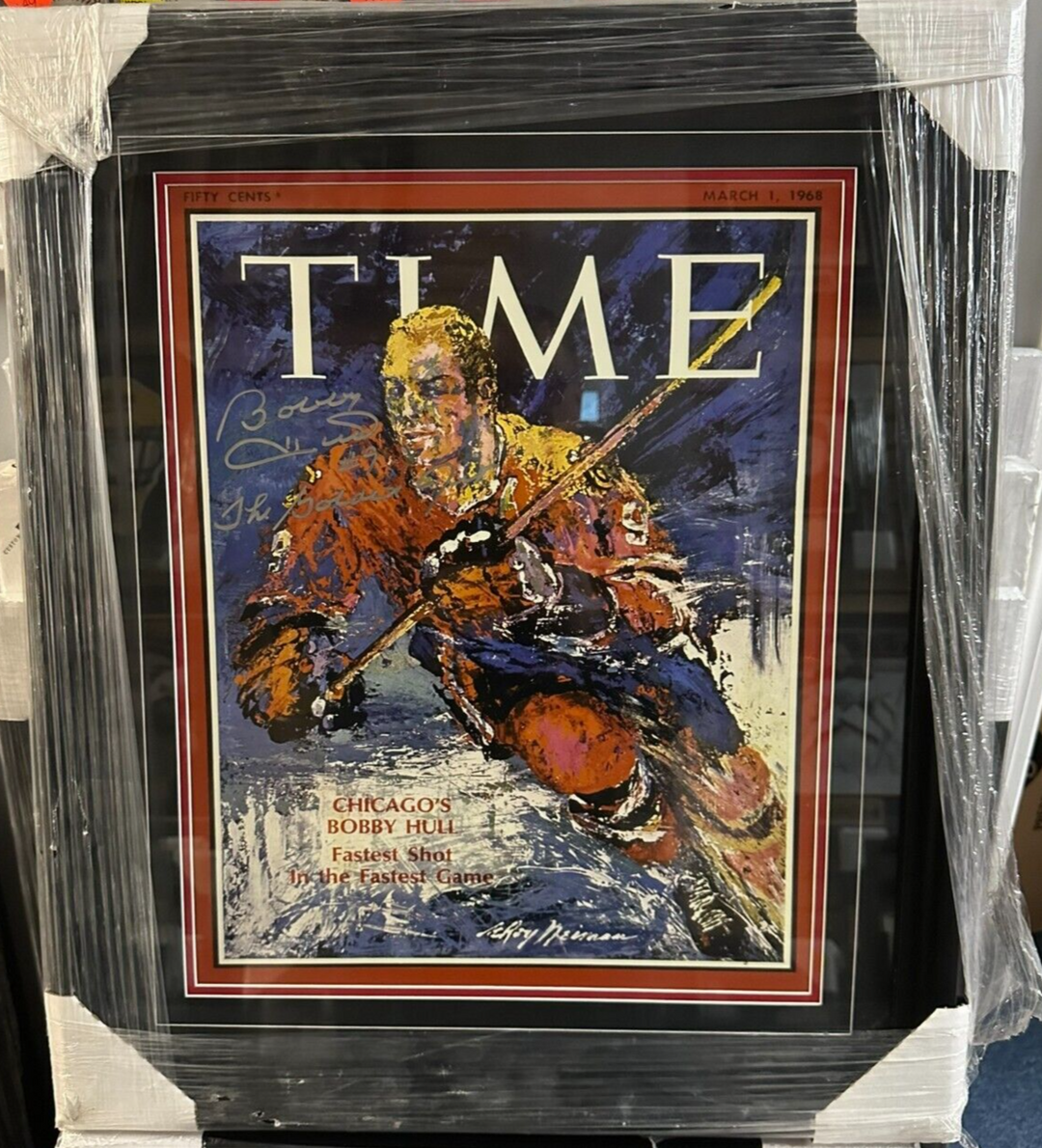 Bobby Hull Signed Time Magazine 16x20 Cover Photo W/ Golden Jet Insc Framed HOF