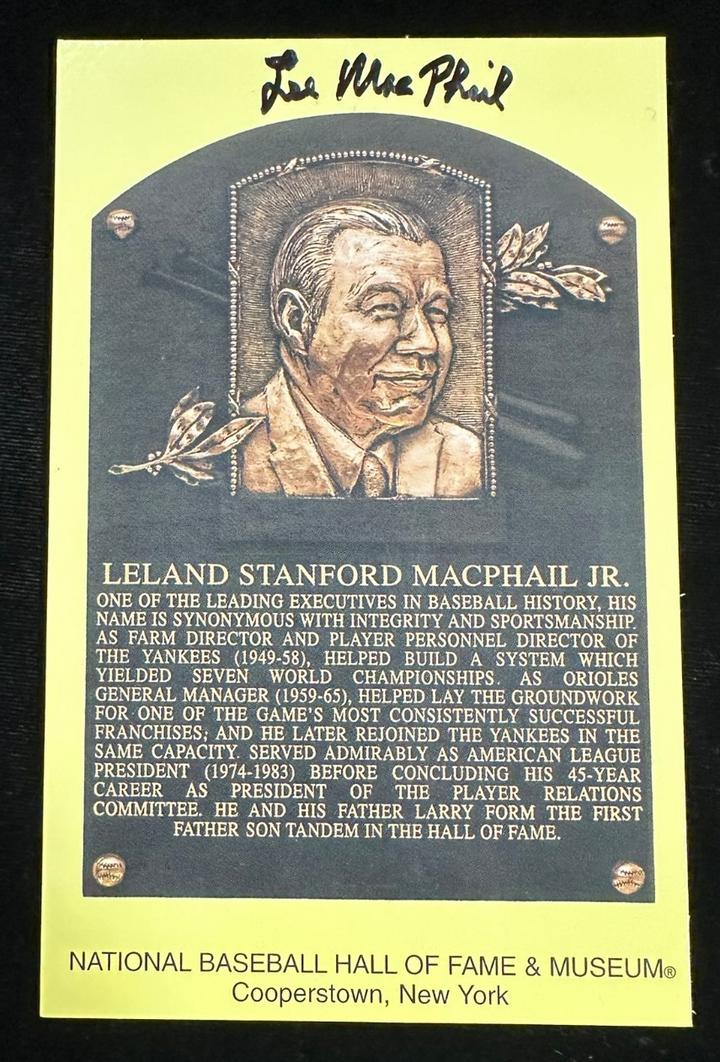 Lee MacPhail Autographed MLB Hall Of Fame Postcard Orioles Yankees