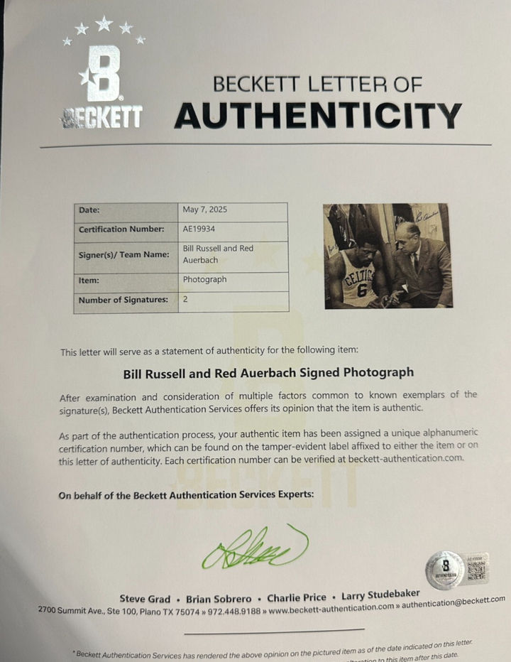 Red Auerbach & Bill Russell Autographed 16x20 Photo Framed BAS Celtics