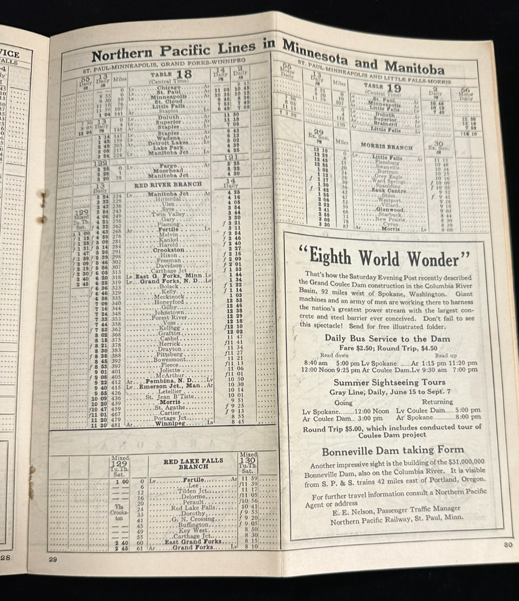 1939 Northern Pacific Railway System Public Timetable North Coast Limited Map