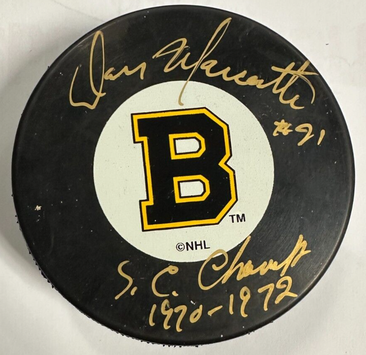 Don Marcotte Autographed Boston Bruins Hockey Puck W/ S.C. Champ 1970-1972