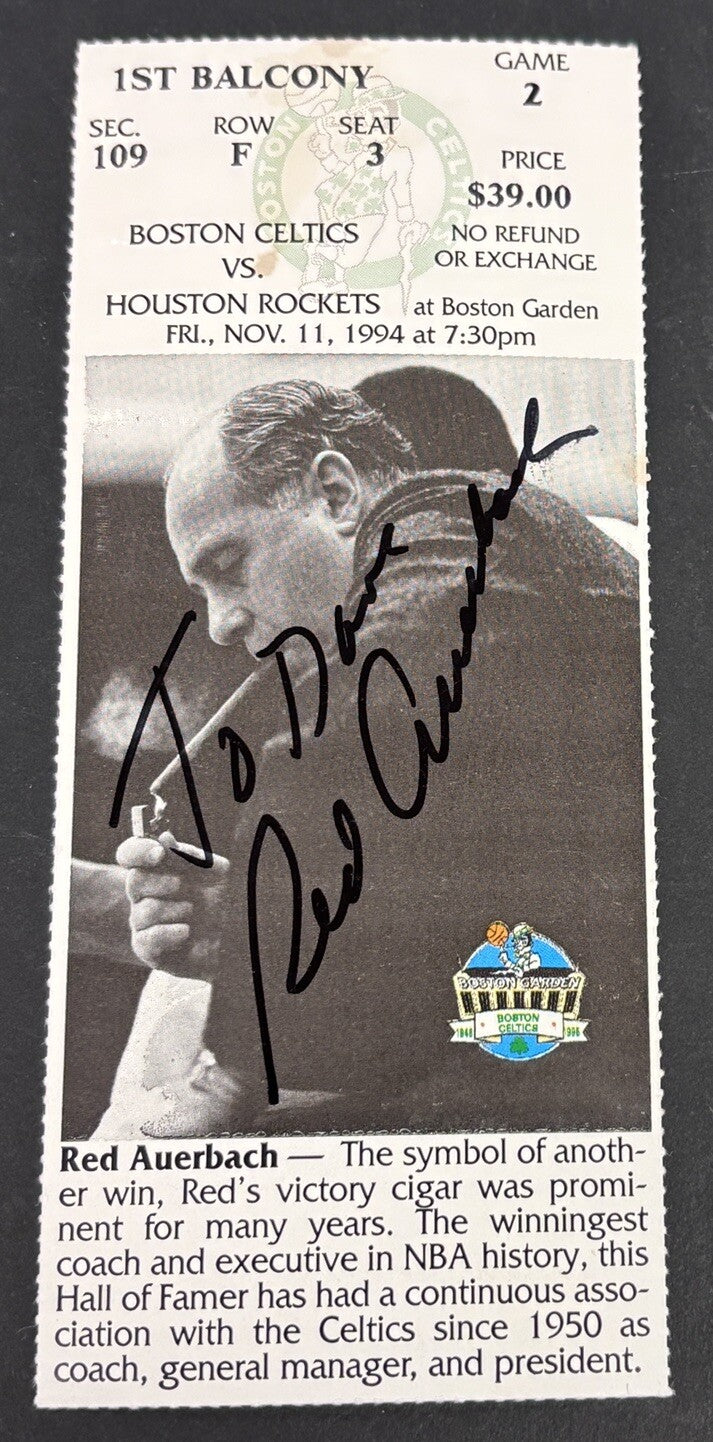 Red Auerbach Signed Ticket Stub Personalized Beckett Hologram Boston Celtics