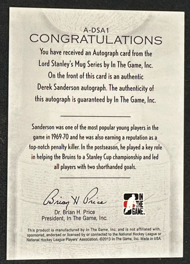 2013-14 ITG Lord Stanley's Mug Derek Sanderson Autographed Card Bruins