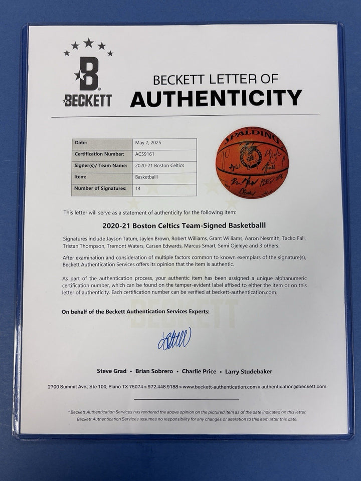 2020-21 Boston Celtics Team Signed Basketball Jayson Tatum Jaylen Brown Beckett