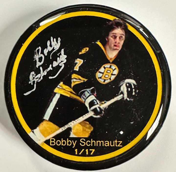 Bobby Schmautz Autographed Boston Bruins Photo Puck BAS