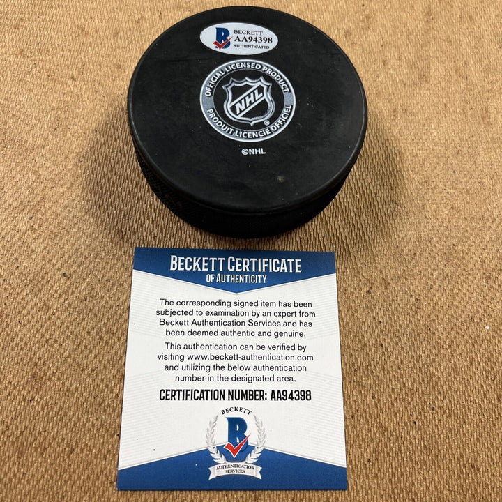 Mike Walton and Johnny Bower signed Puck 67 Stanley Cup inscribed Beckett COA