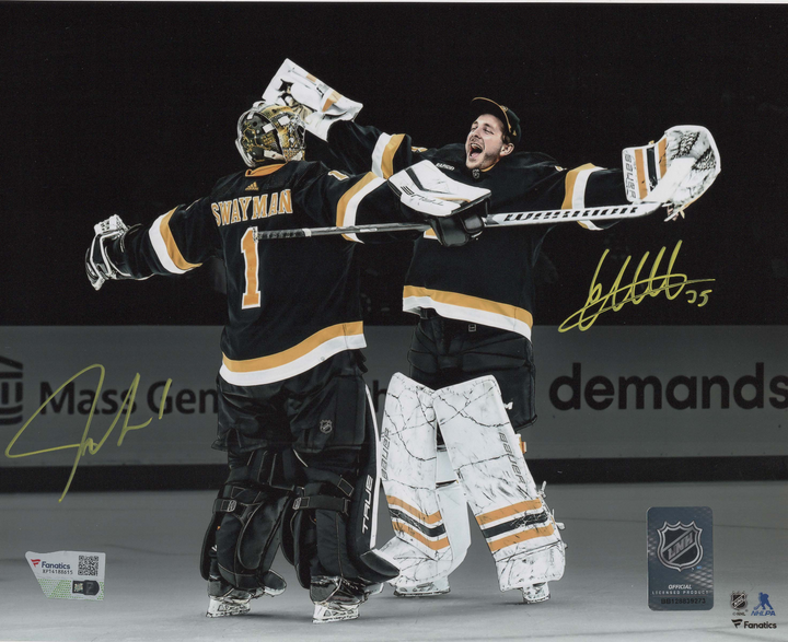 Linus Ullmark & Jeremy Swayman Autographed Bruins Goalie Hug Photo Fanatics COA
