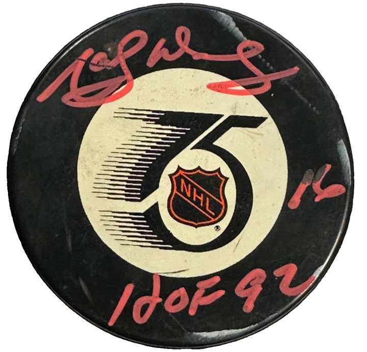 Marcel Dionne Autographed NHL 75th Anniversary Game Puck W/ HOF 92