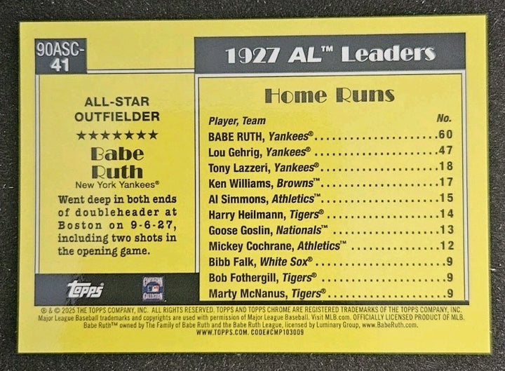 2025 Topps Silver Pack All-Stars Babe Ruth Black Refractor Jersey Match SN 3/10