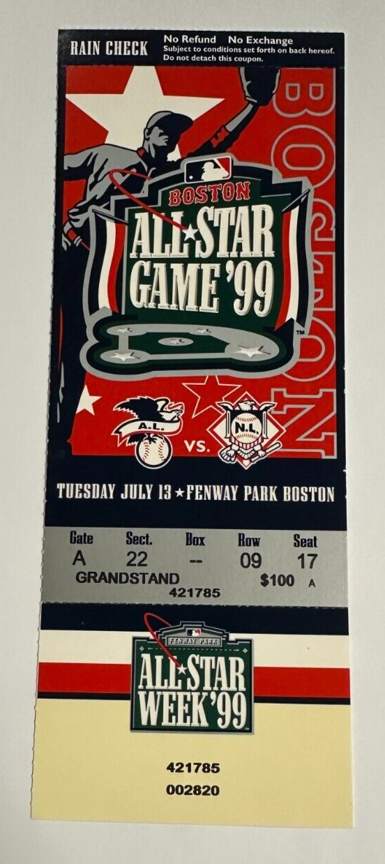 Original 1999 MLB All-Star Game Full Ticket Fenway Park Boston NM-MT