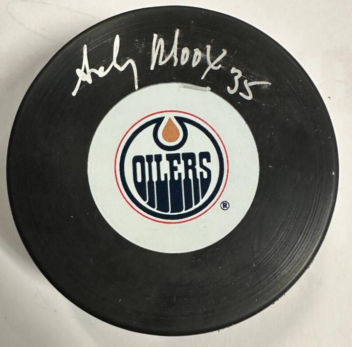 Andy Moog Autographed Edmonton Oilers Hockey Puck NHL