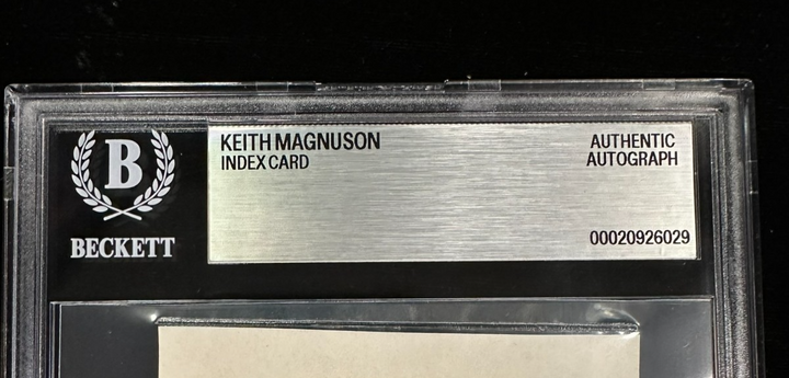 Keith Magnuson Autographed 3x5 Index Card BAS Black Hawks Encapsulated
