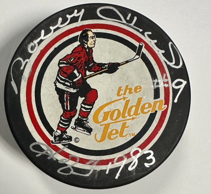 Bobby Hull Autographed the Golden Jet Commemorative Hockey Puck JSA W/ HOF 1983